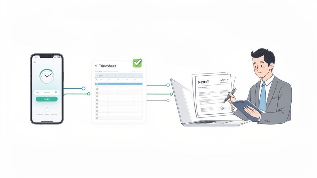 Flux de travail numérique : saisie des temps via smartphone, feuille de temps électronique et paie sur ordinateur portable.