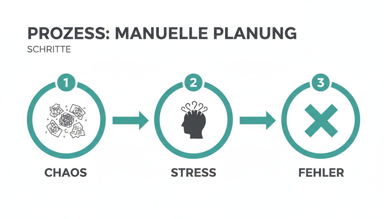 L'infographie illustre le processus de planification manuelle : le chaos mène au stress et se termine par des erreurs.