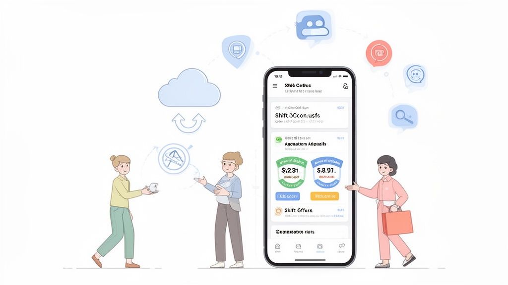 Illustration de personnes utilisant une application mobile pour la planification numérique et la gestion des tâches connectées aux services cloud.