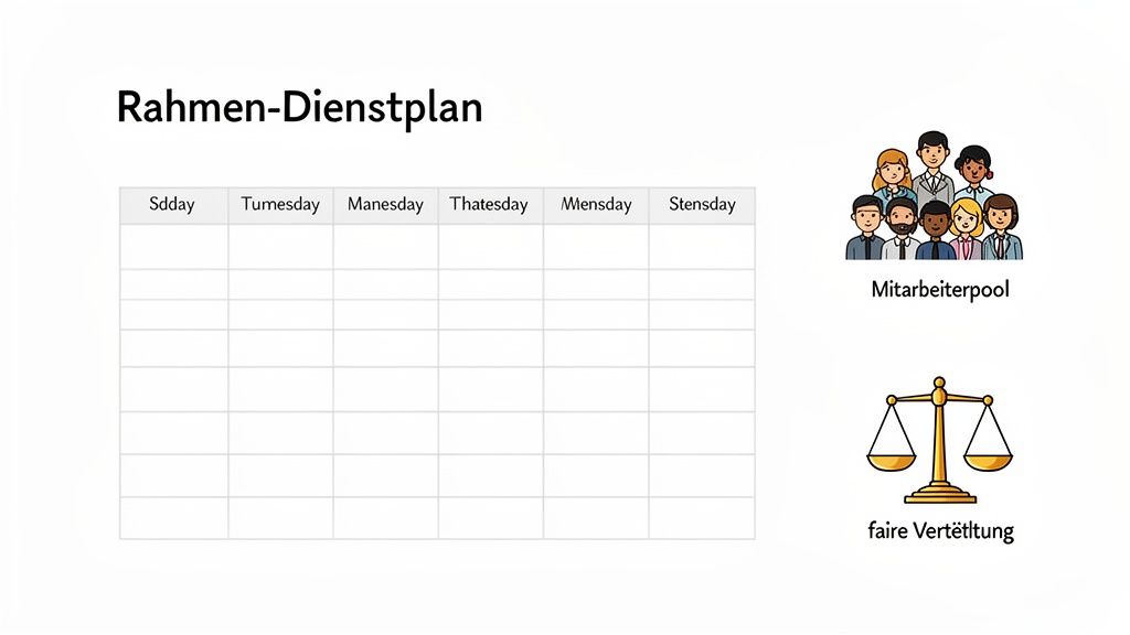 Een raamrooster met een tabel voor werkdagen, een medewerkerspool en een schaal voor eerlijke verdeling.