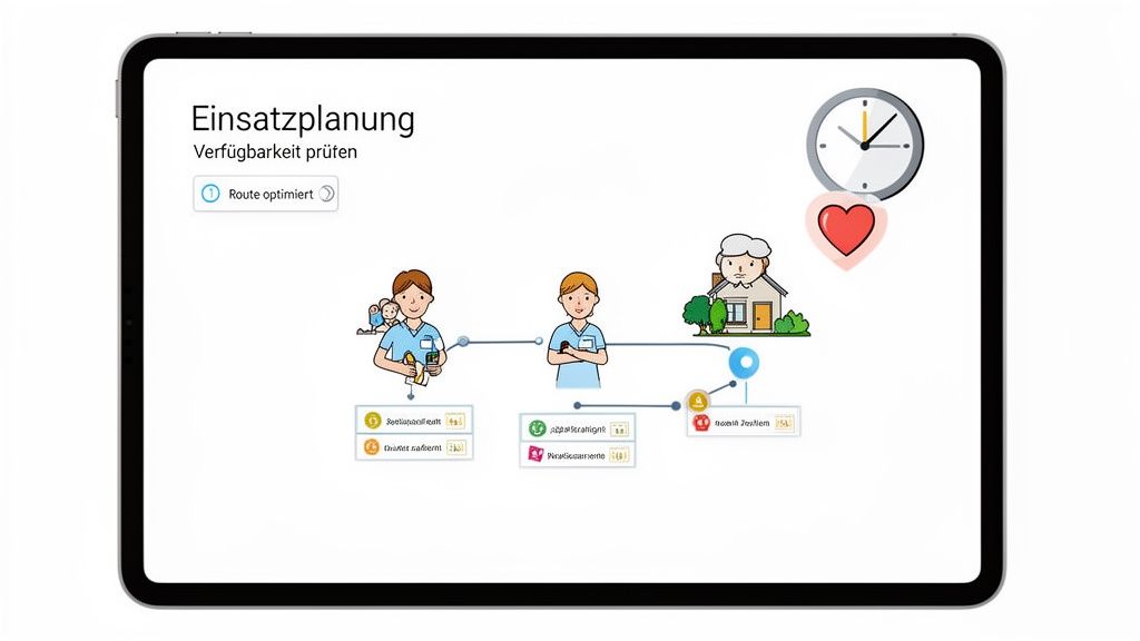 Tablet toont inzetplanning voor verplegend personeel met routeoptimalisatie en beschikbaarheidscontrole voor efficiënte zorg.