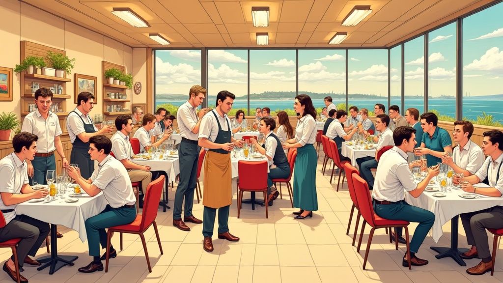 Une équipe planifie ensemble autour d'une table avec des notes autocollantes colorées.