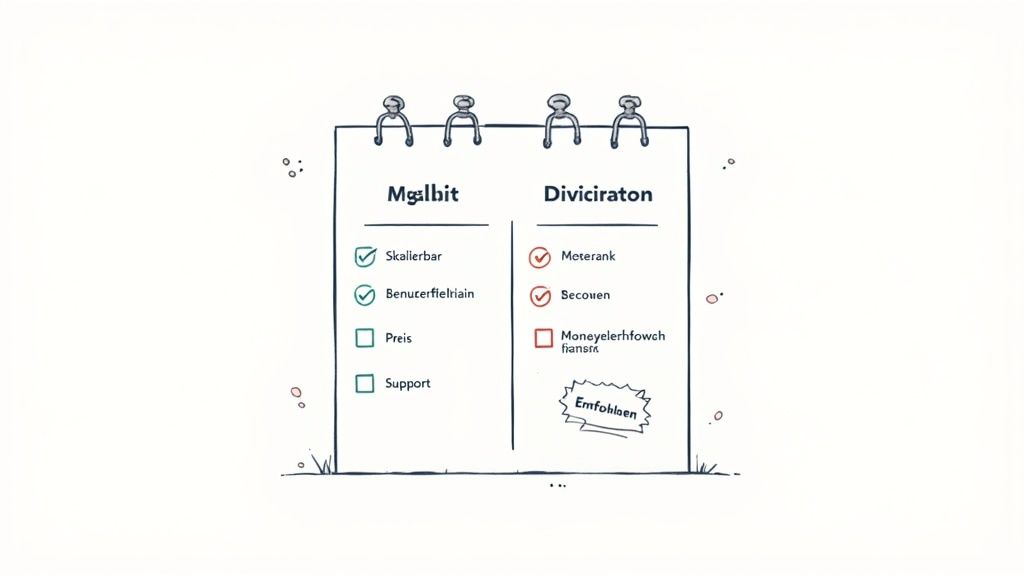 Een getekend notitieboekje toont een check-and-box-vergelijking tussen Mg:lbit en Diviciraton.