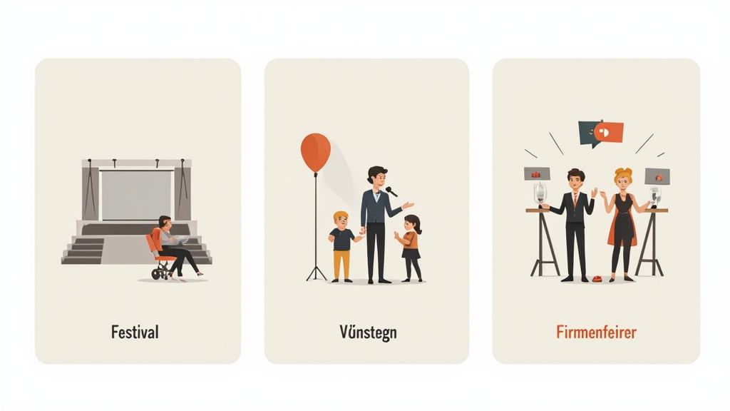 Drie kaarten met illustraties van verschillende evenementen: een festival, een kinderevenement en een bedrijfsfeest.