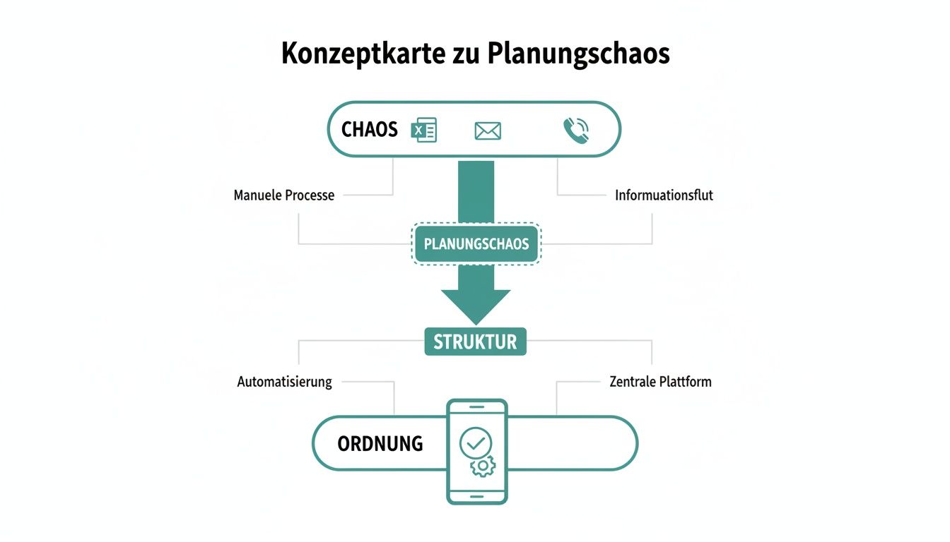Conceptkaart van de planningchaos die voortkomt uit handmatige processen en een overdaad aan informatie en die via automatisering en een centraal platform tot structuur leidt.