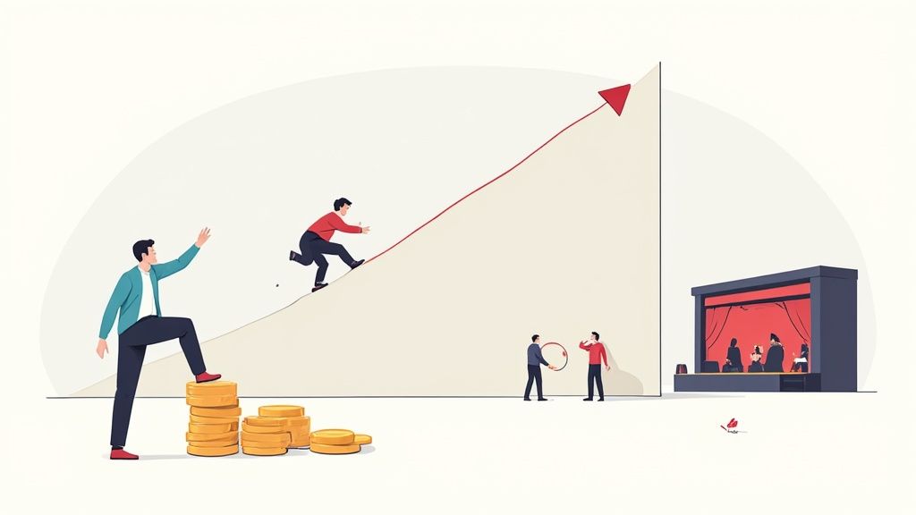 Illustration von Menschen, die auf einem wachsenden Diagramm nach oben streben, mit Geld und einer Bühne im Hintergrund.