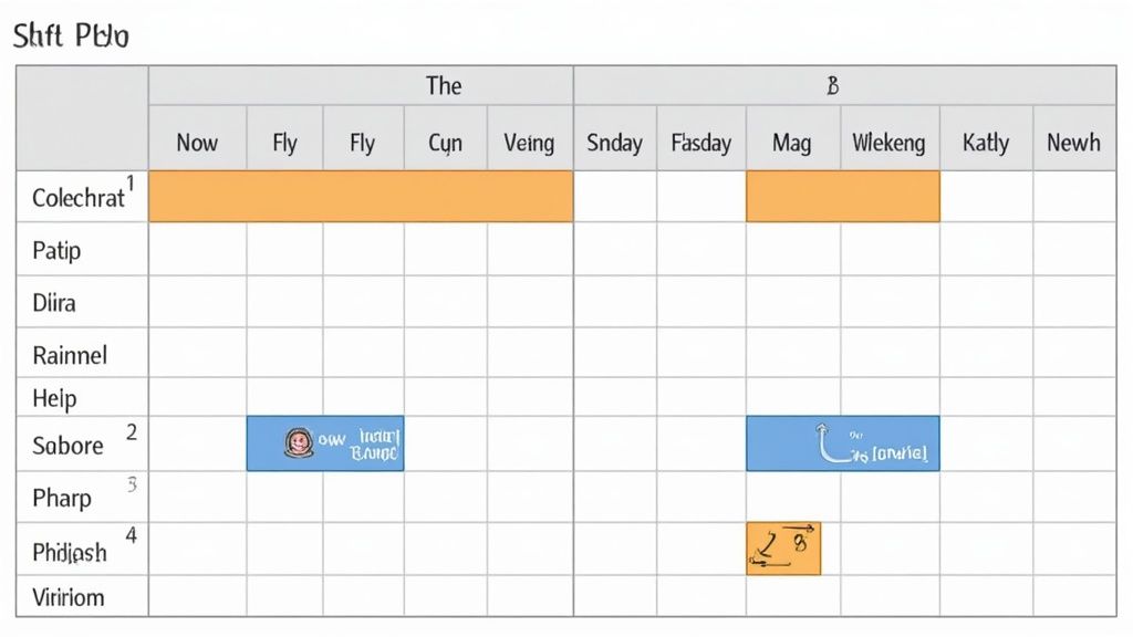 Een screenshot van een Excel-ploegenschema, met kleurrijke cellen om verschillende ploegendiensten en weekenden te markeren.