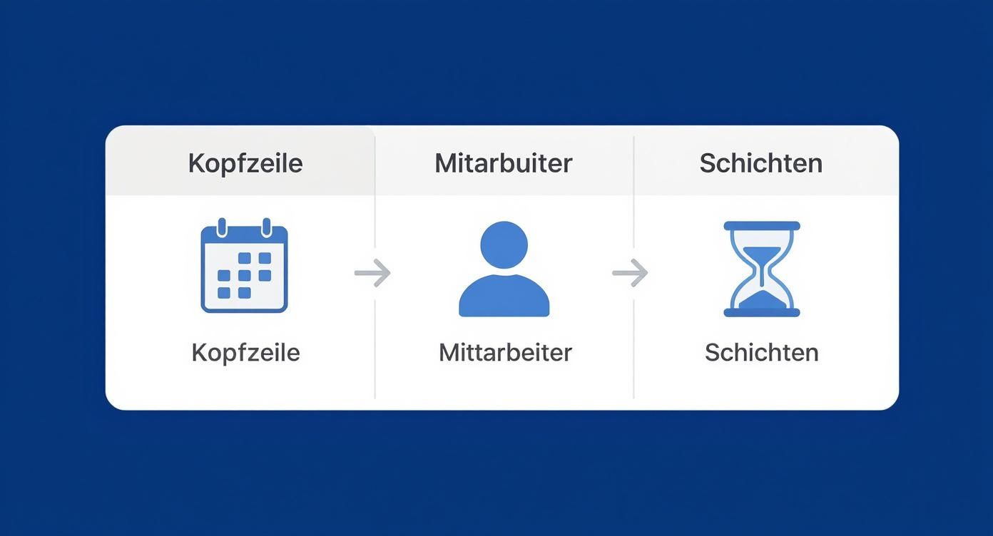 Infographic die het proces van de tabelstructuur voor een Excel-ploegenschema weergeeft, met pictogrammen voor kopteksten, medewerkers en ploegendiensten.