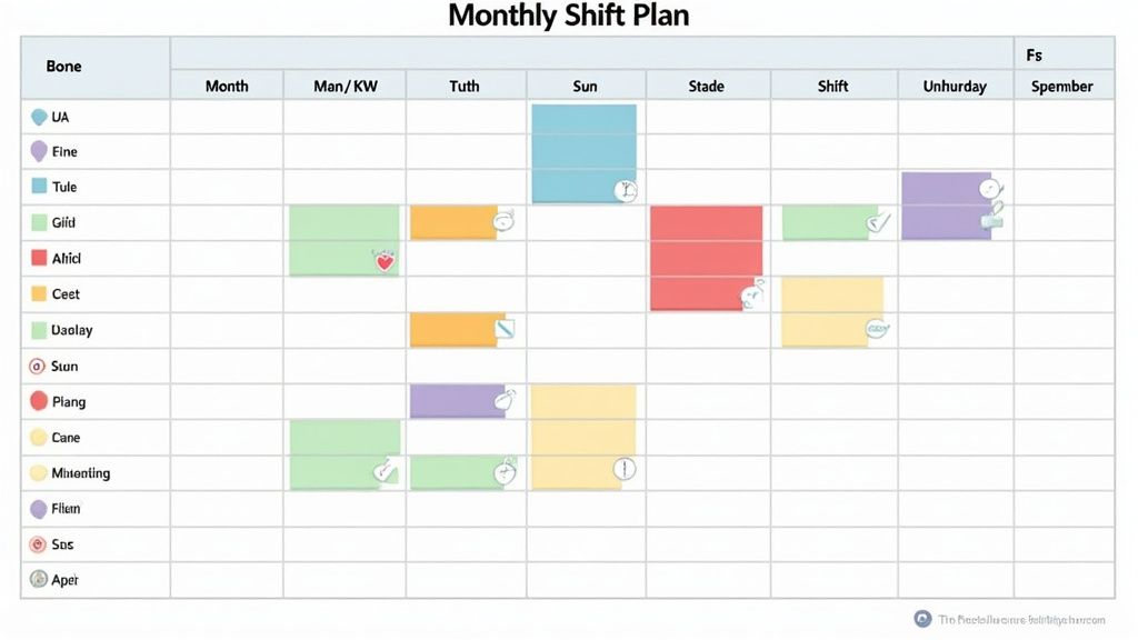 Een persoon werkt aan een ploegenschema in Excel op een laptop