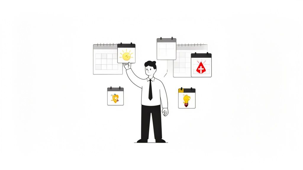 Een man wordt omringd door kalenders met verschillende symbolen (zon, kruis, gloeilamp) die symbool staan voor de planning van afspraken of taken.