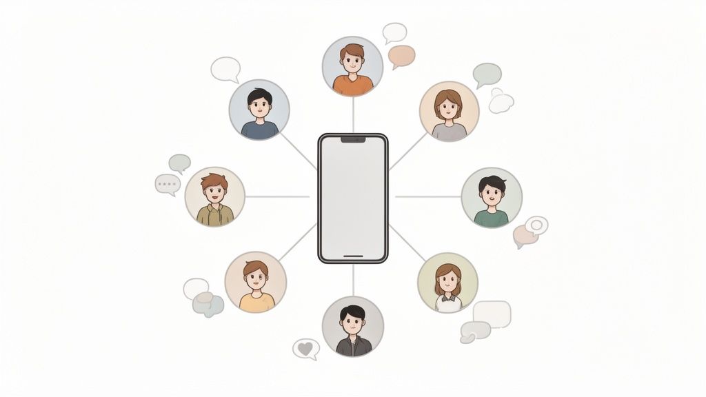 Smartphone in het midden omringd door profielfoto's van verschillende mensen met tekstballonnen die sociale interactie en communicatie vertegenwoordigen.