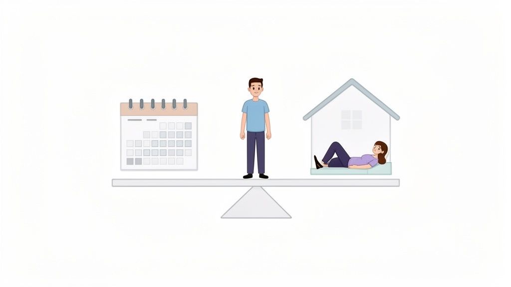 Een man die op een weegschaal staat en een kalender in evenwicht houdt, en een vrouw in een huis dat de balans tussen werk en privéleven symboliseert.