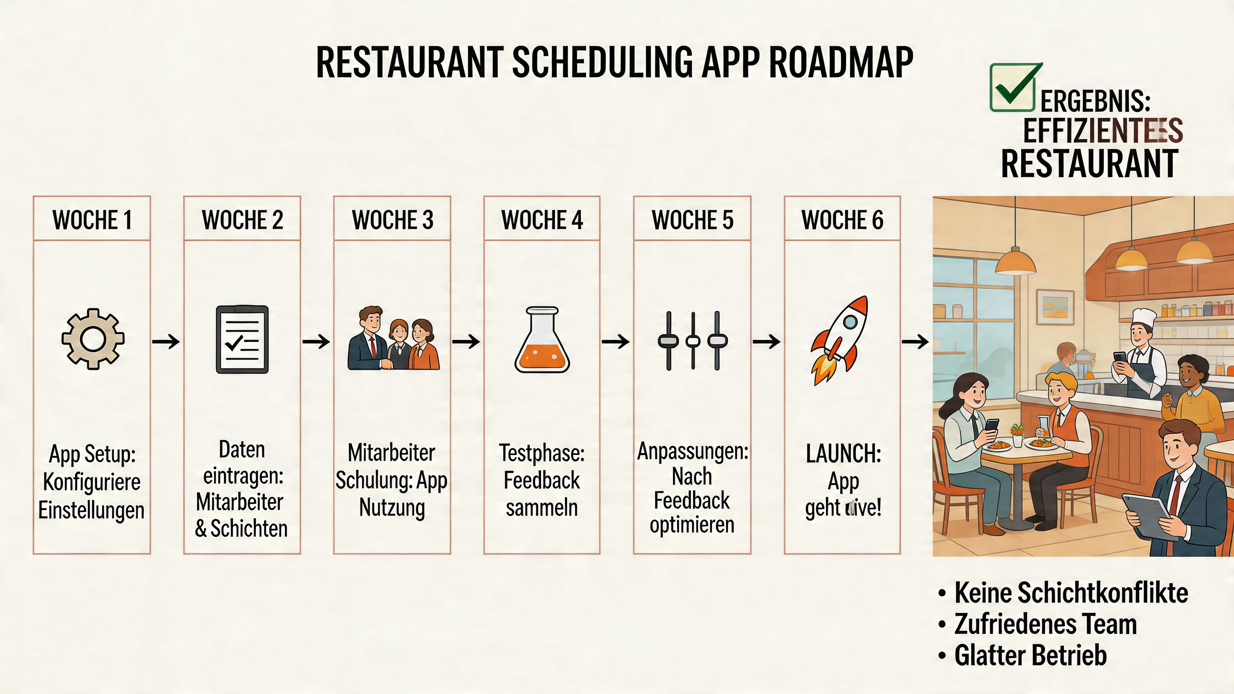 Eine sechs-wöchige Roadmap für die Einführung einer Restaurant-Dienstplanungs-App zur Steigerung der betrieblichen Effizienz.