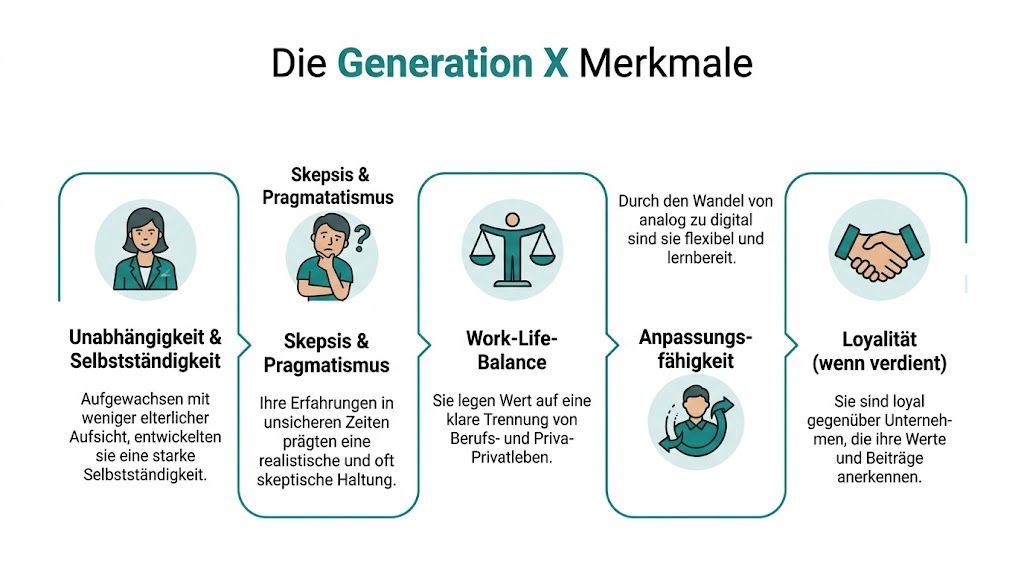 Eine Infografik mit fünf zentralen Merkmalen der Generation X, darunter Unabhängigkeit, Skepsis, Work-Life-Balance, Anpassungsfähigkeit und Loyalität.