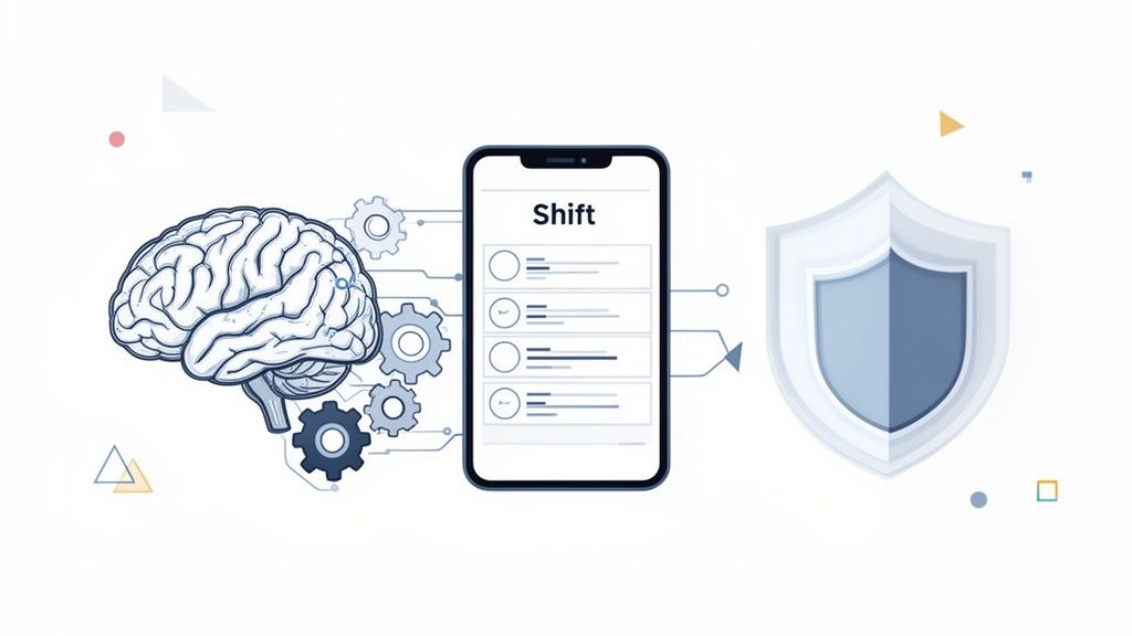 Gehirn und Zahnräder, die mit einer 'Shift'-App auf einem Smartphone verbunden sind, führen zu einem Schutzschild.