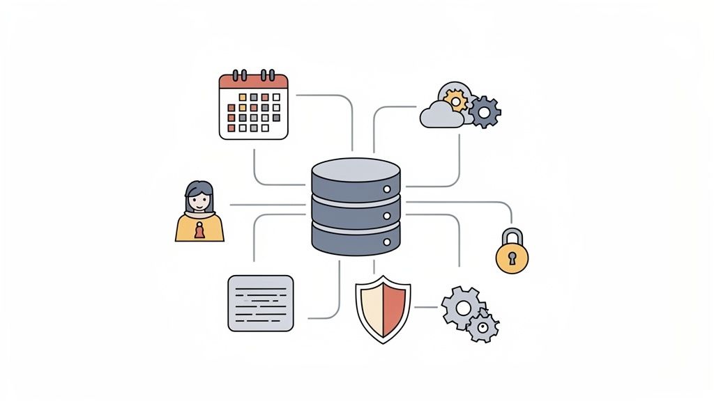 Illustration einer zentralen Datenbank, die mit HR-Funktionen wie Mitarbeiterdaten, Kalender, Cloud, Sicherheit und Automatisierung verbunden ist.