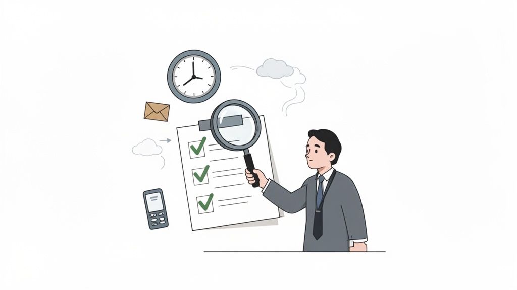 Ein Mann im Anzug prüft eine Checkliste mit einer Lupe, umgeben von Uhr, Umschlag und Telefon.