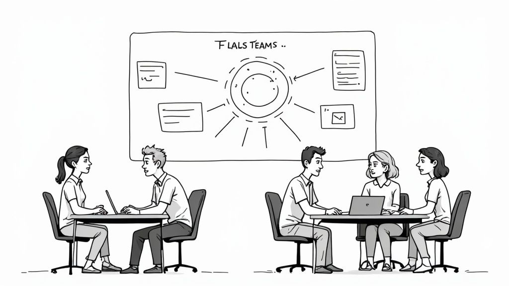 A team discusses new digital processes together at a table.
