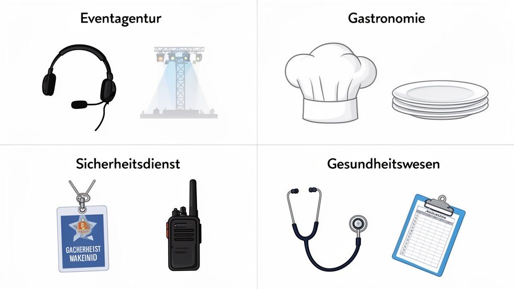 Illustration of four industries: event agency with headset and stage, catering with chef's hat and plates, security with ID and radio, healthcare with stethoscope and clipboard.