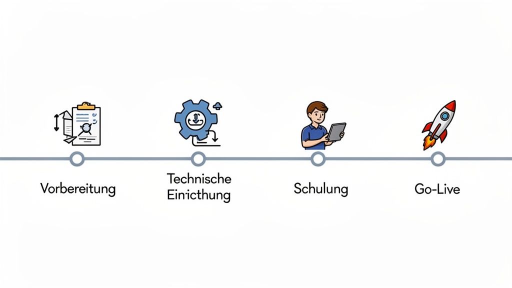 A timeline with four steps: preparation, technical setup, training and go-live for the HR software implementation.