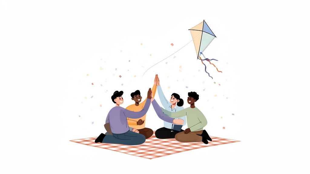 Quattro amici si danno il cinque su una coperta da picnic con un aquilone nel cielo.