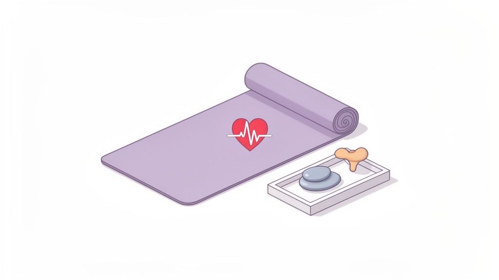 Un tappetino da yoga viola con il simbolo del battito cardiaco, accanto ad esso un vassoio con pietre lisce e un Gua Sha.