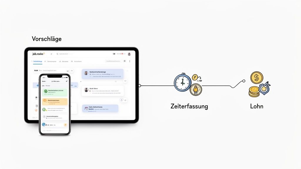 Digital deployment planning on tablet and smartphone with time recording and payroll.