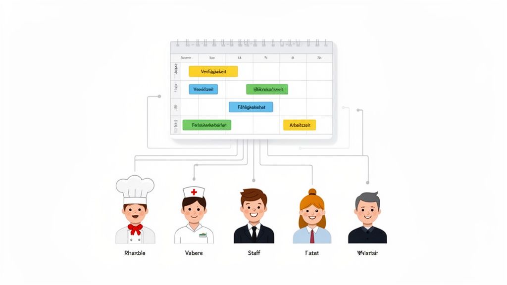A graphic shows digital deployment planning with a calendar and different types of employees, connected by lines.