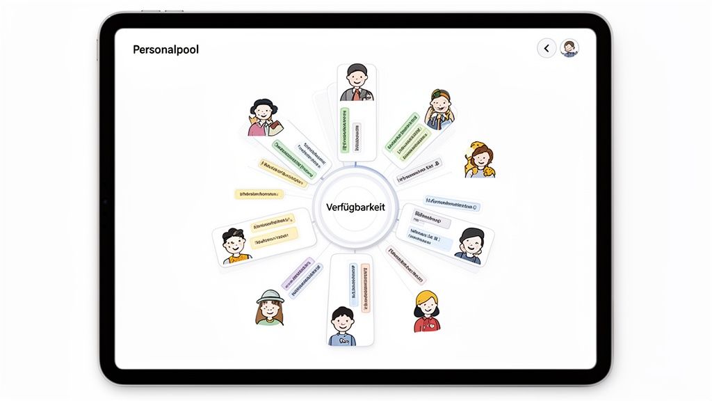 Tablet toont een mindmap van de beschikbaarheid van de personeelspool met een centraal onderwerp en de omliggende medewerkers inclusief kwalificaties.