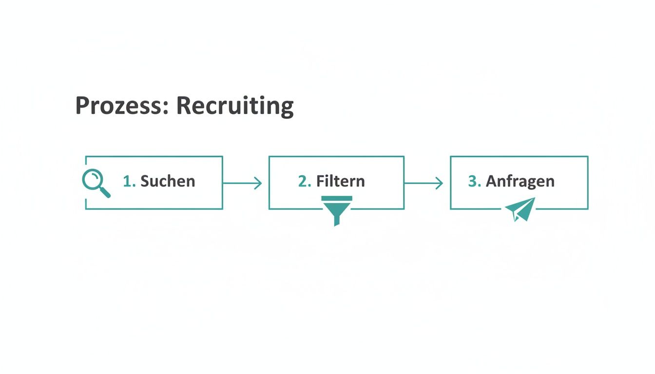 Processtroomschema voor werving: zoeken, filteren en vragen weergegeven met bijbehorende pictogrammen.