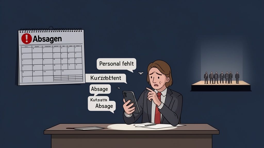 Gestresste persoon aan de telefoon vanwege personeelstekort en annuleringen van evenementen, kalender toont veel annuleringen.