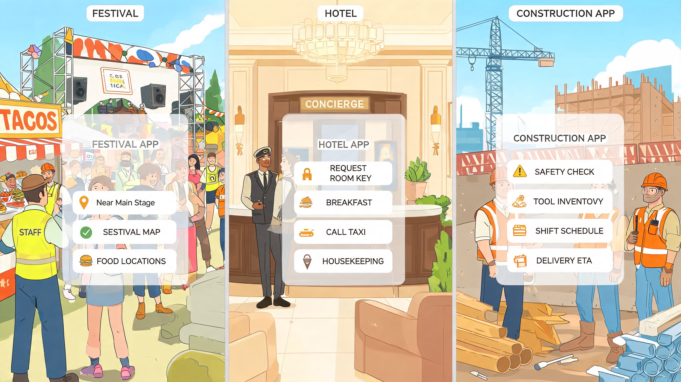 Drei Illustrationen zeigen Mitarbeiter-Apps für Festival-Personal, Hotel-Concierge und Bauarbeiter zur Verbesserung der betrieblichen Arbeitsabläufe.