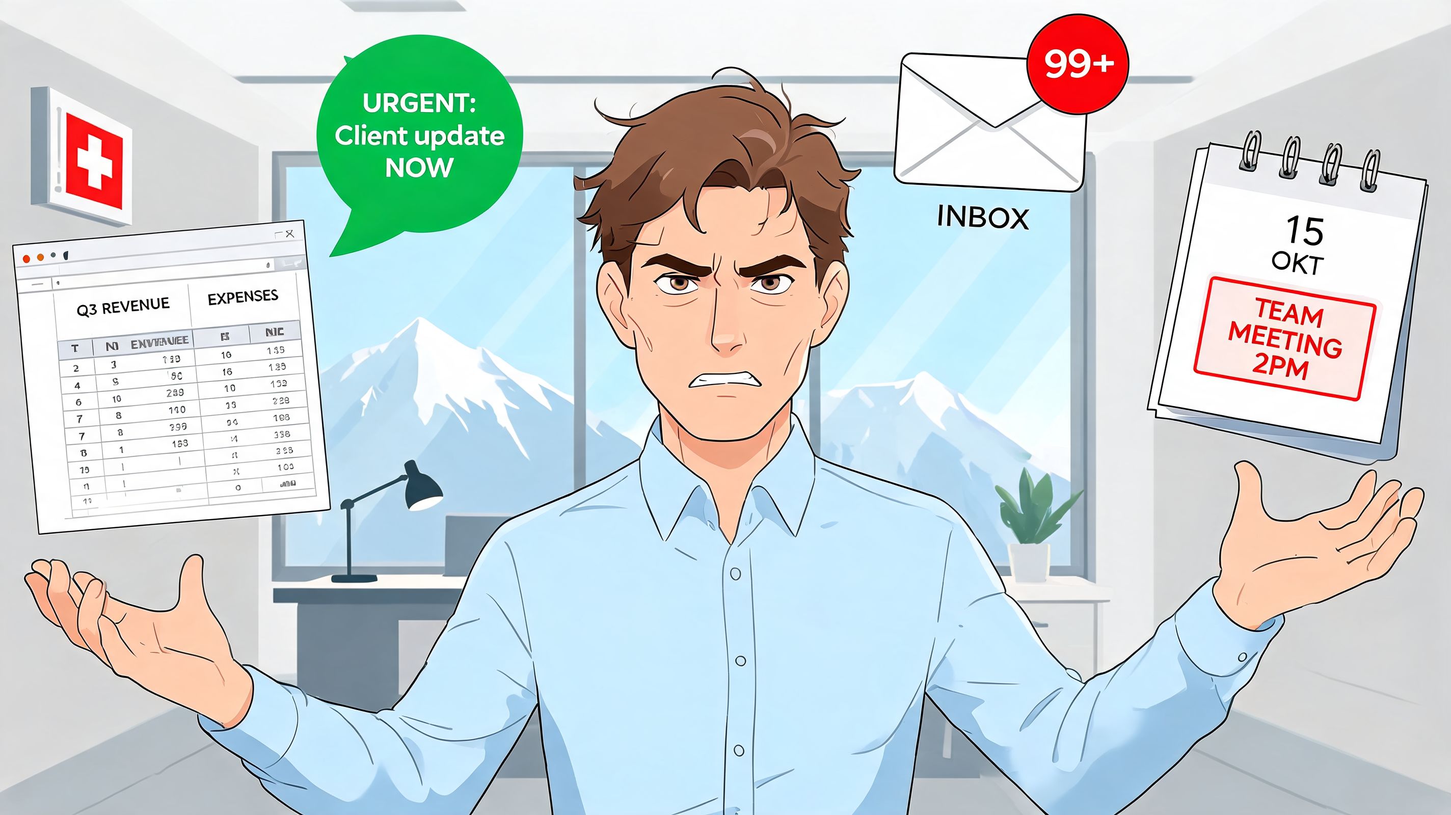 Ein überforderter Angestellter in einem Büro, umgeben von E-Mails, Terminen und Finanzdaten, die Stress verdeutlichen.