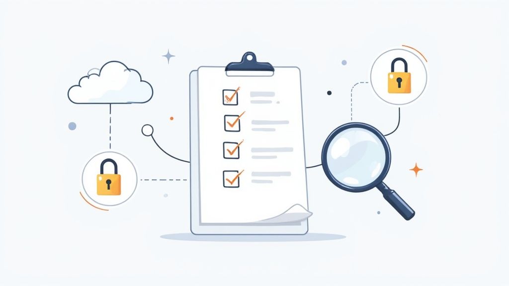 Liste de contrôle de conformité avec verrous de sécurité, loupe et connexion cloud pour une gestion sécurisée des données