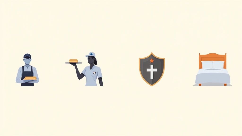 L'illustration montre les employés de l'hôtellerie : chef, serveuse, bouclier avec croix et lit d'hôtel