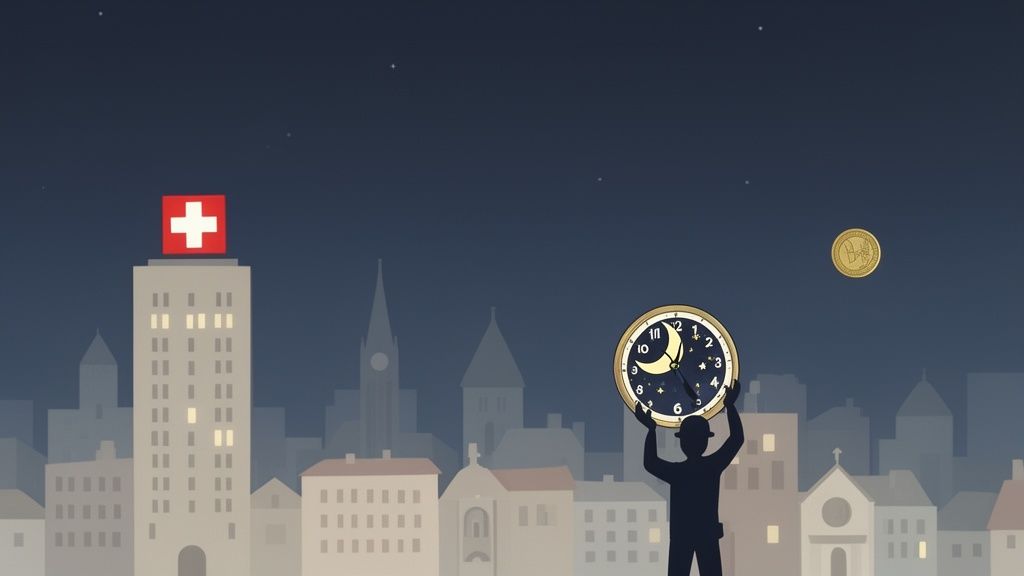 Night scene in a Swiss city with a clock and coin symbolising night-work pay.