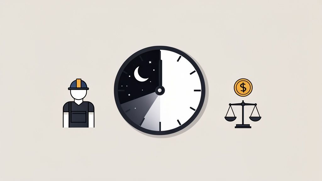 Illustration d'un ouvrier, d'une horloge avec affichage jour et nuit et d'une échelle de rémunération équitable.