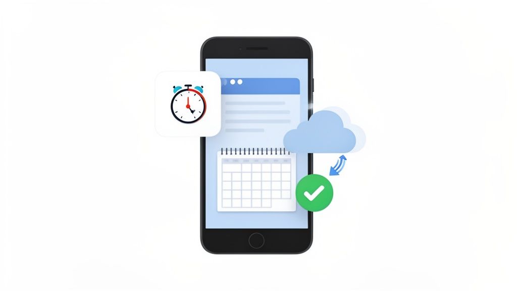 L'application pour smartphone avec calendrier et chronomètre, synchronisée dans le cloud, montre une planification de rendez-vous réussie.