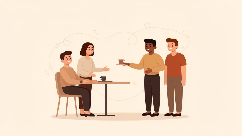 Illustration: Four people in a café, two sitting at the table, two standing. A cup is presented.