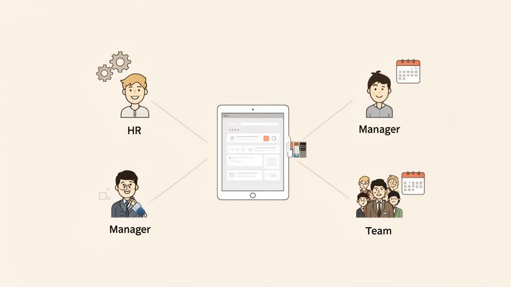 Illustrazione di un tablet che collega risorse umane, manager e team attraverso una piattaforma centrale, ideale per la gestione e l'onboarding delle persone.