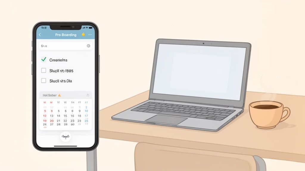 Su uno smartphone viene visualizzata un'app di pre-imbarco con una lista di controllo e un calendario. Accanto c'è un laptop e un caffè.