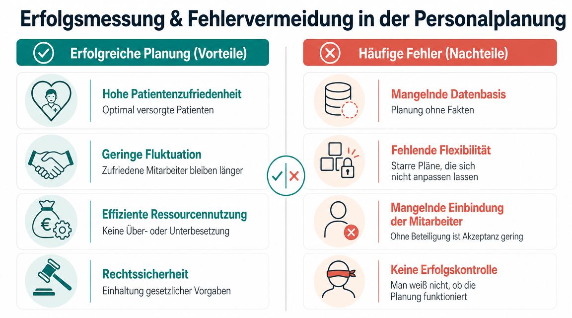Übersicht zu den Vorteilen erfolgreicher Personalplanung und den häufigsten Fehlern in der Pflegeplanung für Unternehmen.