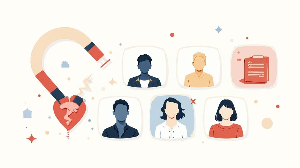 Stylized illustration of a magnet attracting a broken heart surrounded by various people profiles and application documents.