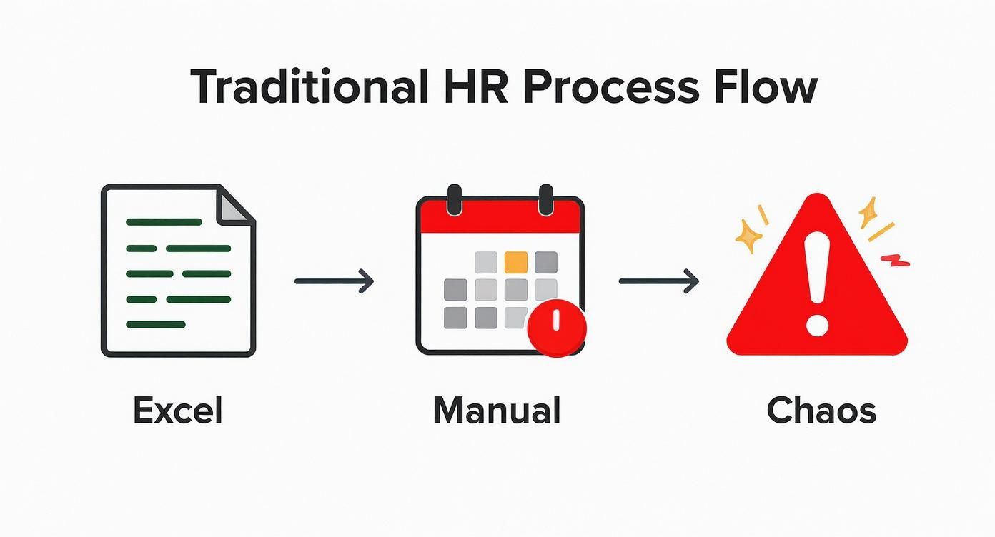Representation of a traditional HR process flow: Excel leads to chaos in HR management through manual steps.