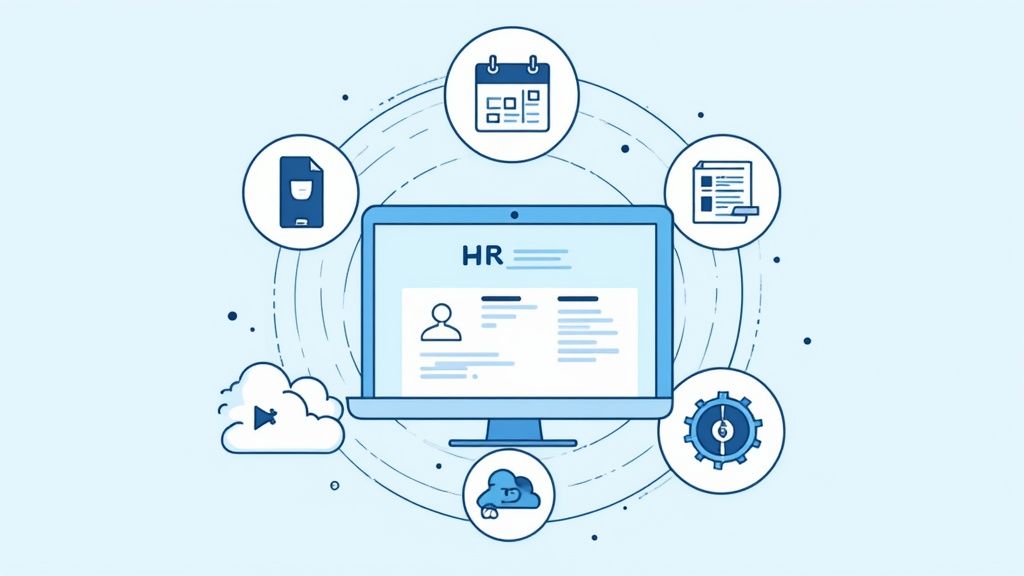 Digital HR management system on a monitor surrounded by icons for various HR processes such as calendars, documents and settings.