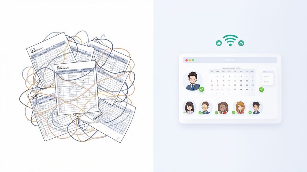 Comparison of messy paper documents and efficient digital personnel or appointment planning.