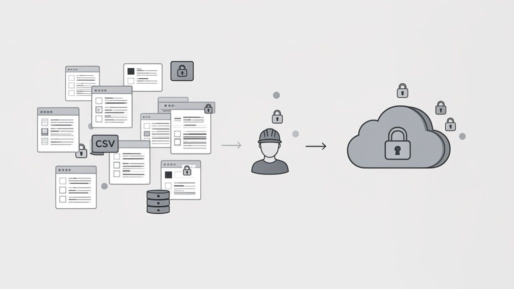 Secure data transfer to the cloud: One person processes documents and stores them encrypted.
