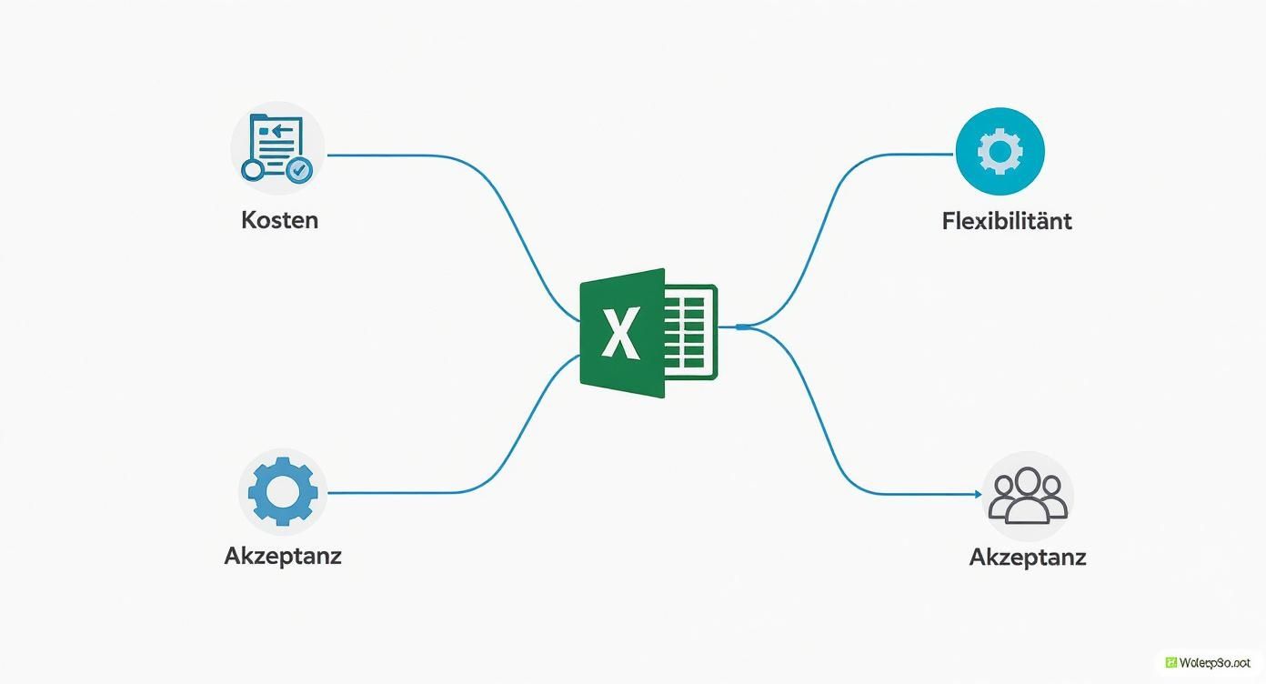 Infographic over de voordelen van personeelsplanning met Excel, met weergave van kosten, flexibiliteit en acceptatie