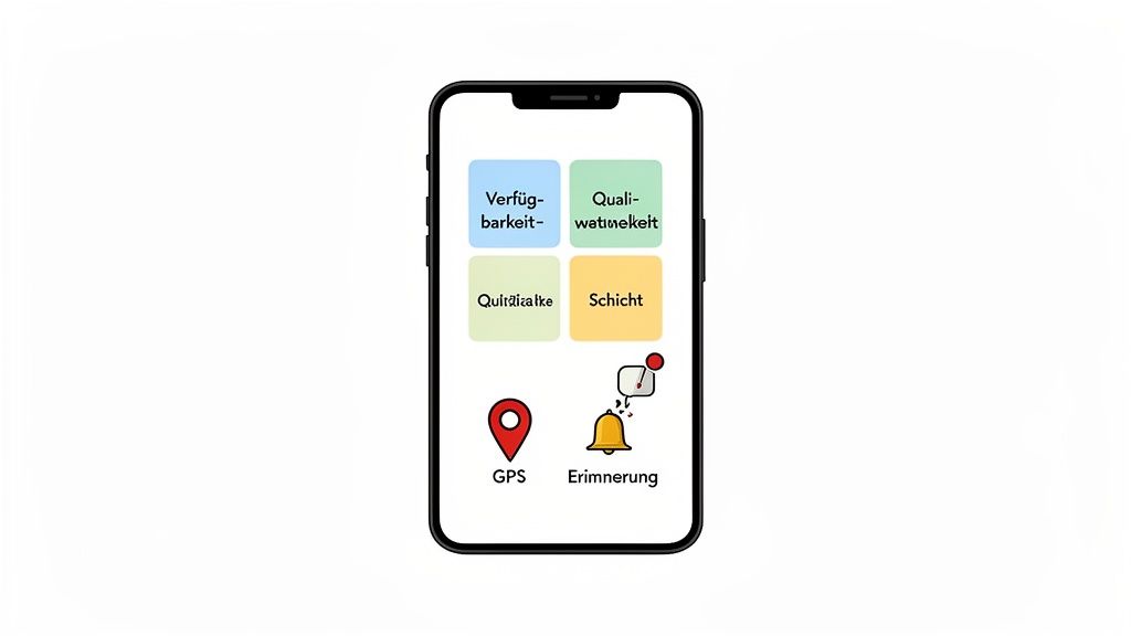 Smartphonescherm met de app voor personeelsplanning met functies voor beschikbaarheid, vaardigheden, ploegendiensten, GPS en herinneringen.