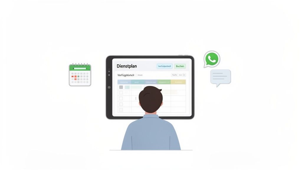 Persoon plant beschikbaarheid en rooster op een tablet met kalender- en communicatiefuncties.